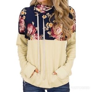 Boutique yellow Floral butter‎ yellow navy kangaroo pouch sweatshirt Large